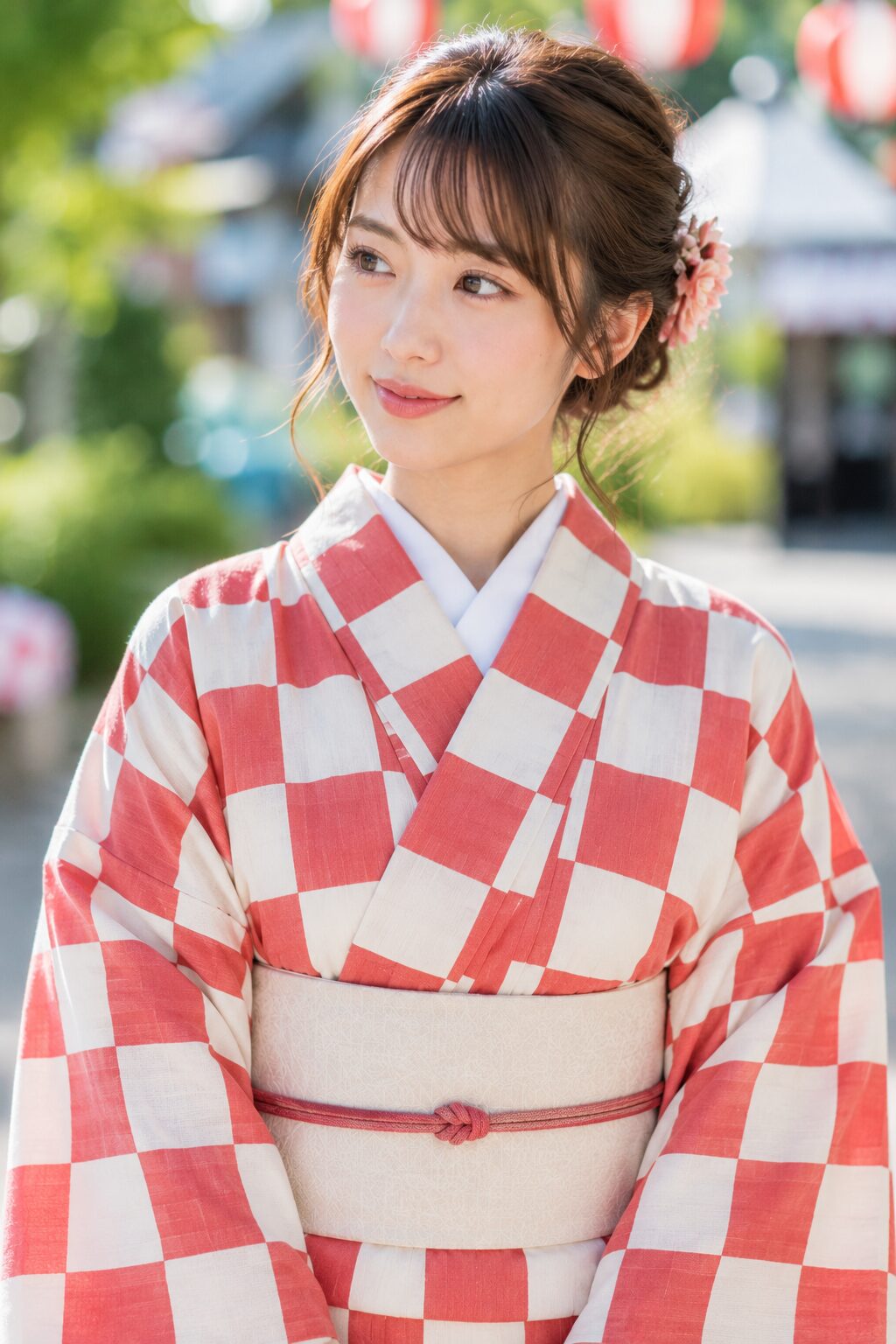 Young woman in a cheerful red and white ichimatsu checkerboard yukata at a summer festival
