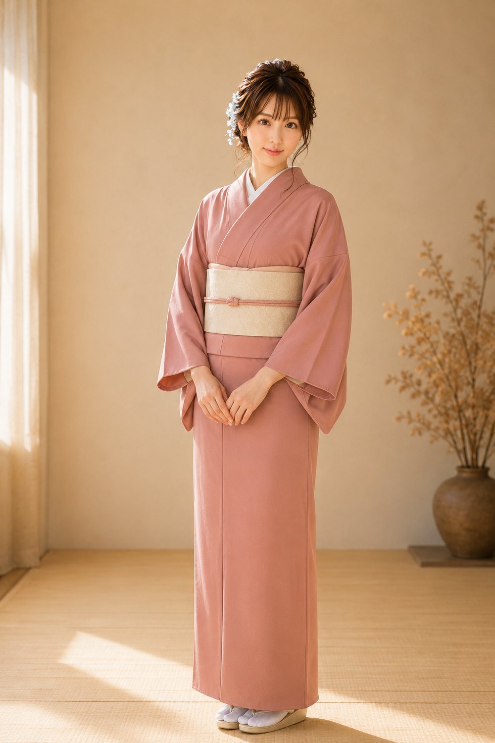 A young woman in a dusty-rose iromuji kimono showing the obi