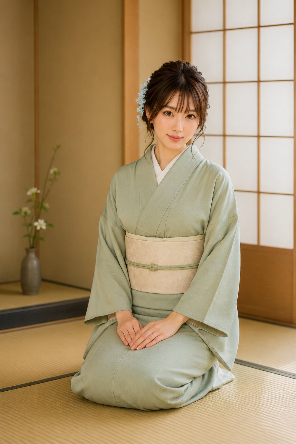 A young woman in a sage-green iromuji kimono seated in a Japanese tea room