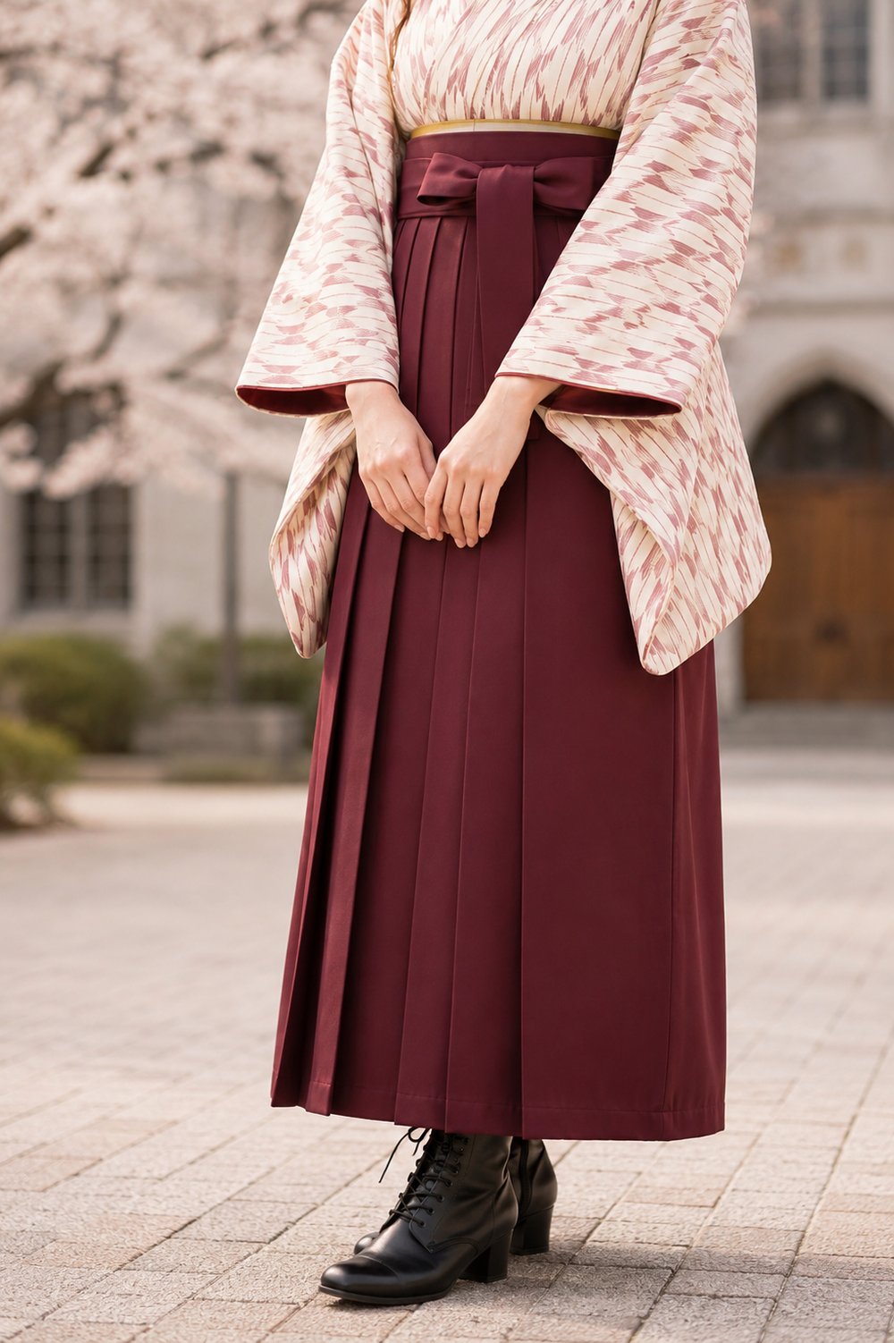 Close view of a kimono worn under a pleated burgundy hakama tied at the waist, showing how the two layers sit together