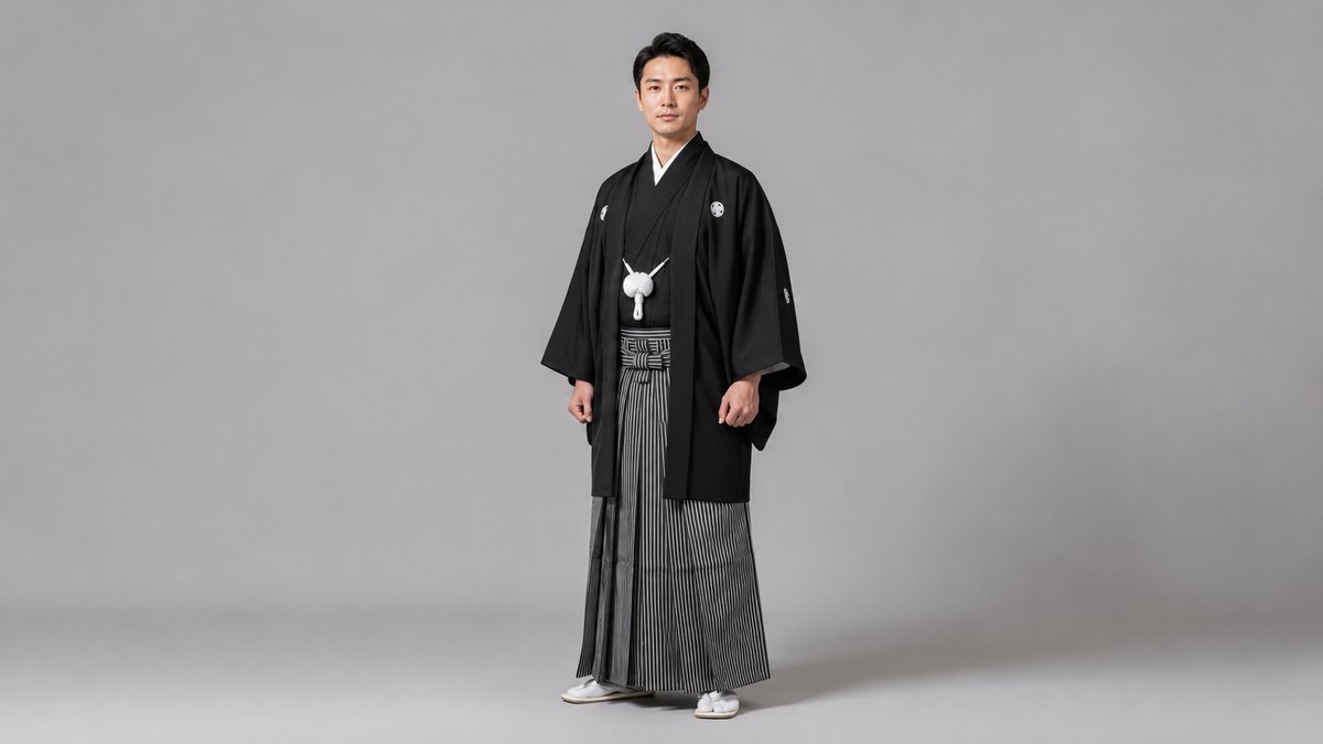 A Japanese man wearing montsuki haori hakama: a black crested kimono and haori with a white cord, over a striped hakama