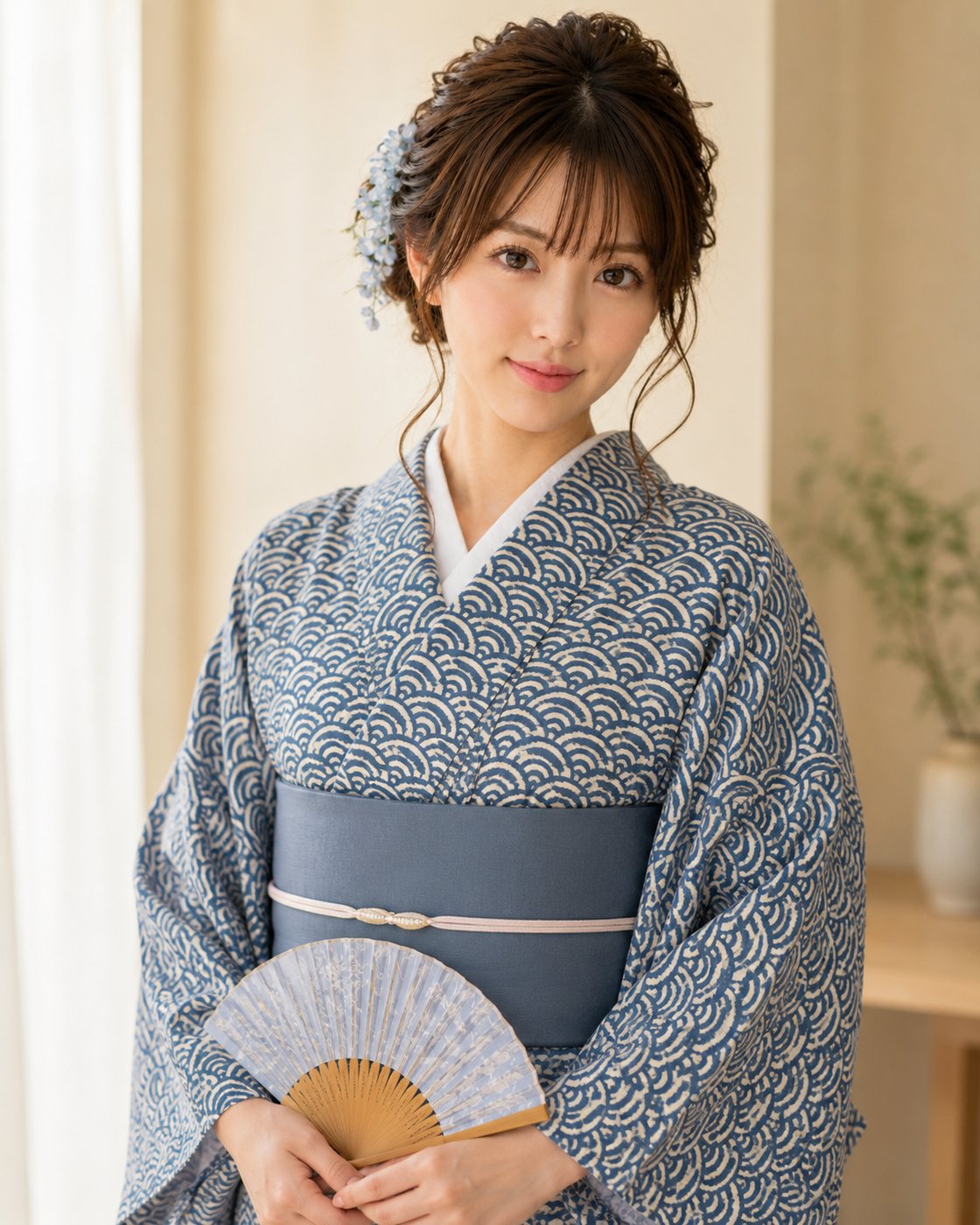 Woman in a seigaiha kimono holding a folding fan