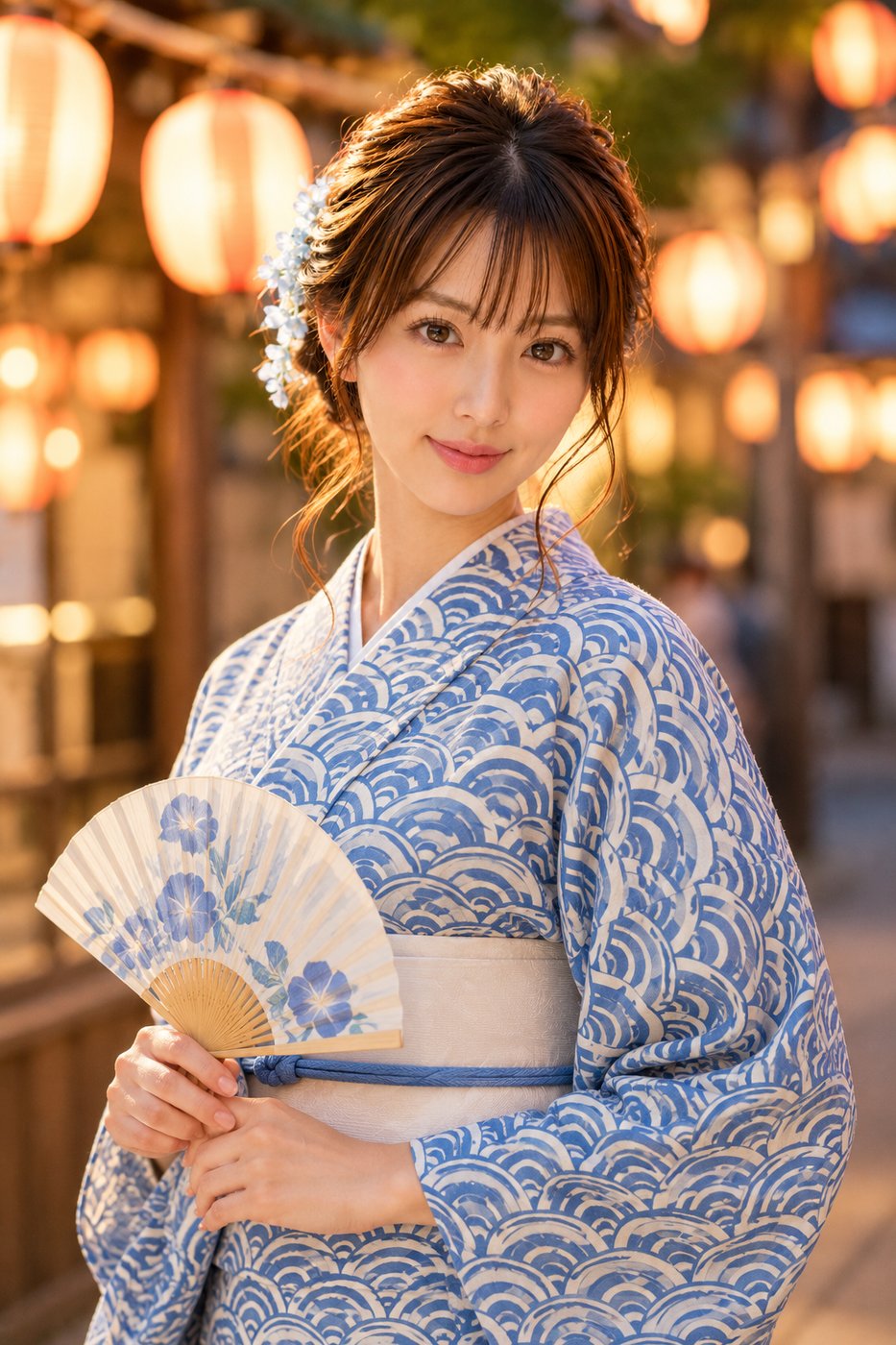 Woman wearing a blue seigaiha yukata at a summer festival