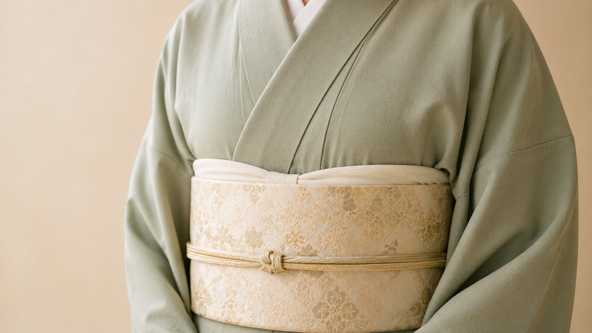 Close-up of a cream and gold fukuro obi worn with a sage green tsukesage kimono