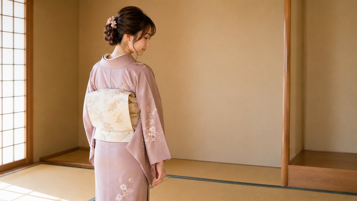 Back view of a tsukesage kimono showing plum motifs all oriented upright toward the shoulders