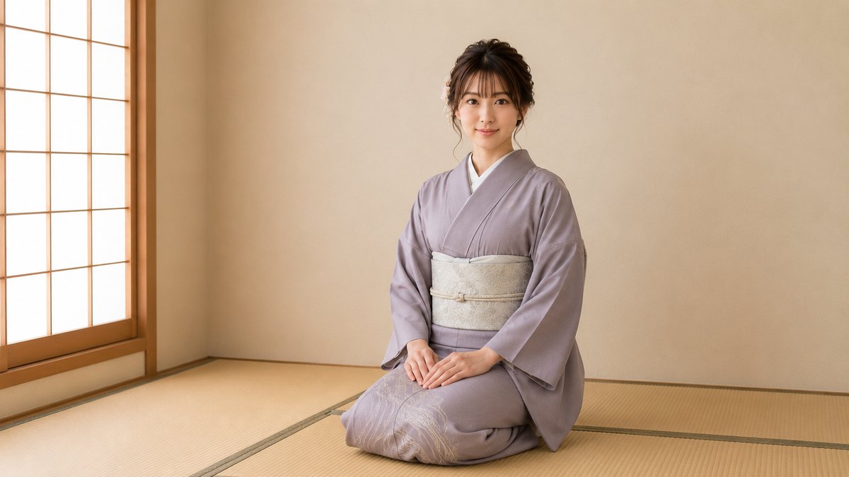 Woman in a lavender grey tsukesage kimono seated in seiza on tatami at a tea gathering