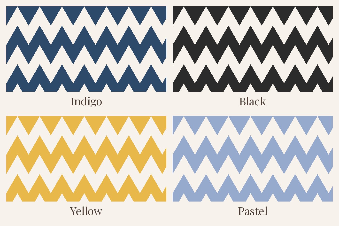 The uroko pattern shown in indigo, black, yellow and pastel colorways