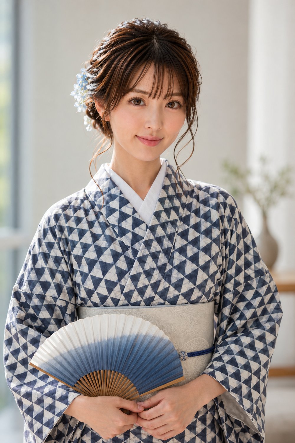 Woman in an indigo uroko-patterned kimono holding a folding fan