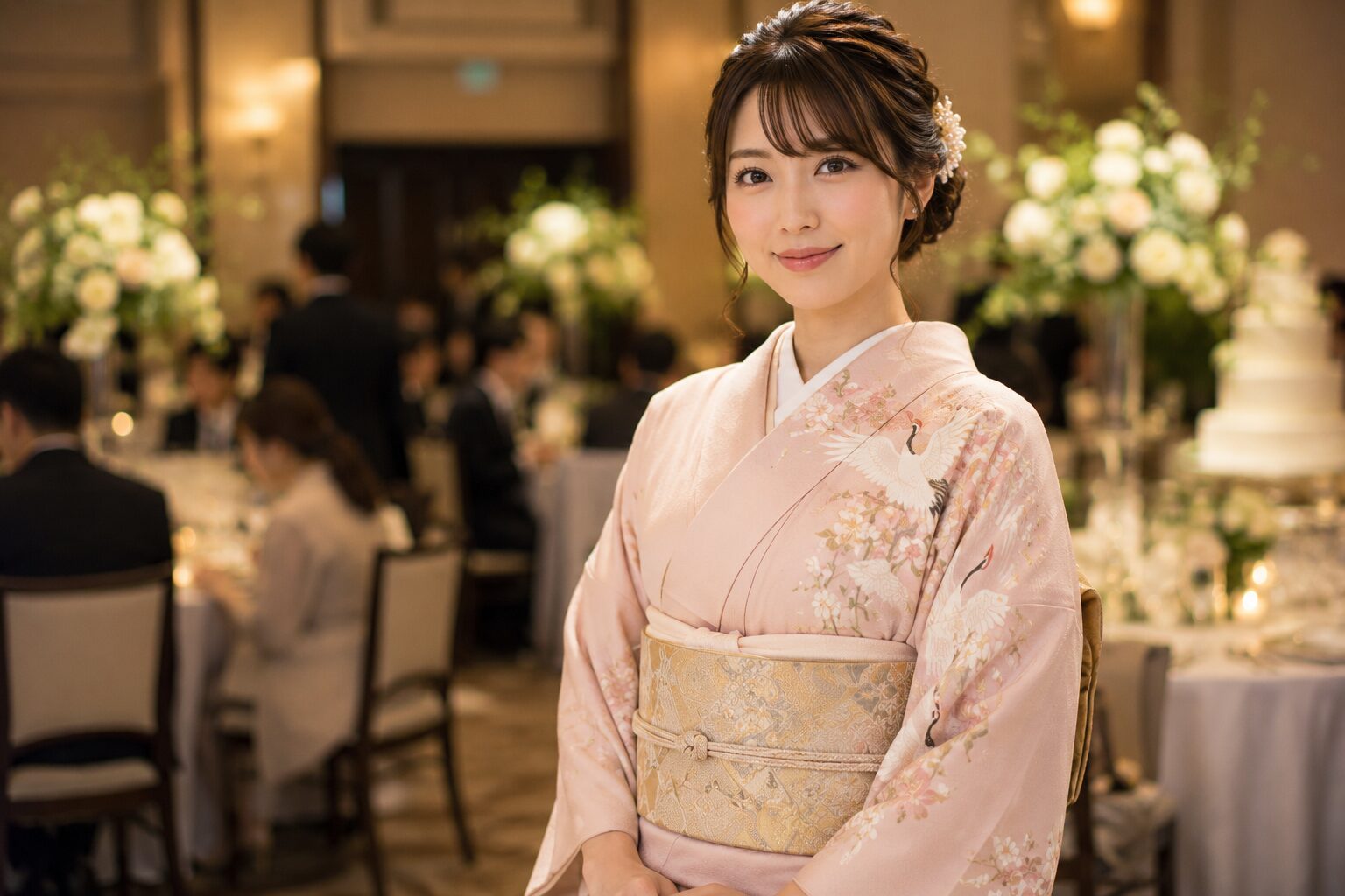 When to wear a houmongi – wedding guest in elegant blush houmongi kimono with gold obi