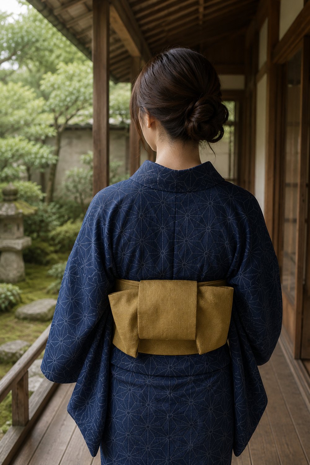 Woman viewed from behind wearing a kimono with a subtle geometric star pattern, standing on a traditional wooden engawa