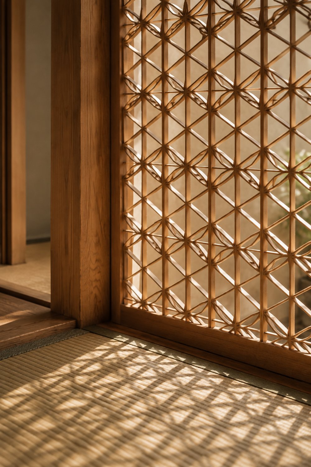 Wooden kumiko lattice screen with hexagonal kagome patterning, casting shadows onto a tatami floor