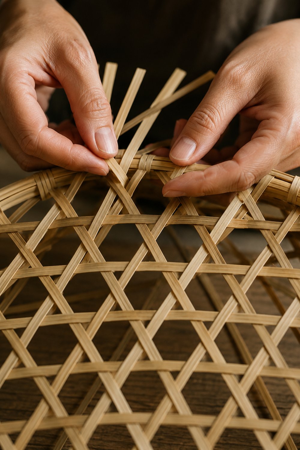 Close-up of hands weaving a bamboo basket in the kagome hexagonal pattern