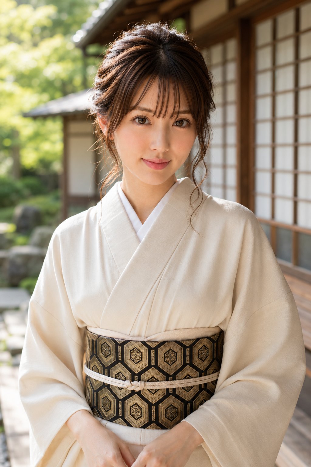 Woman in a cream kimono with a black-and-gold kikko hanabishi obi on a traditional veranda