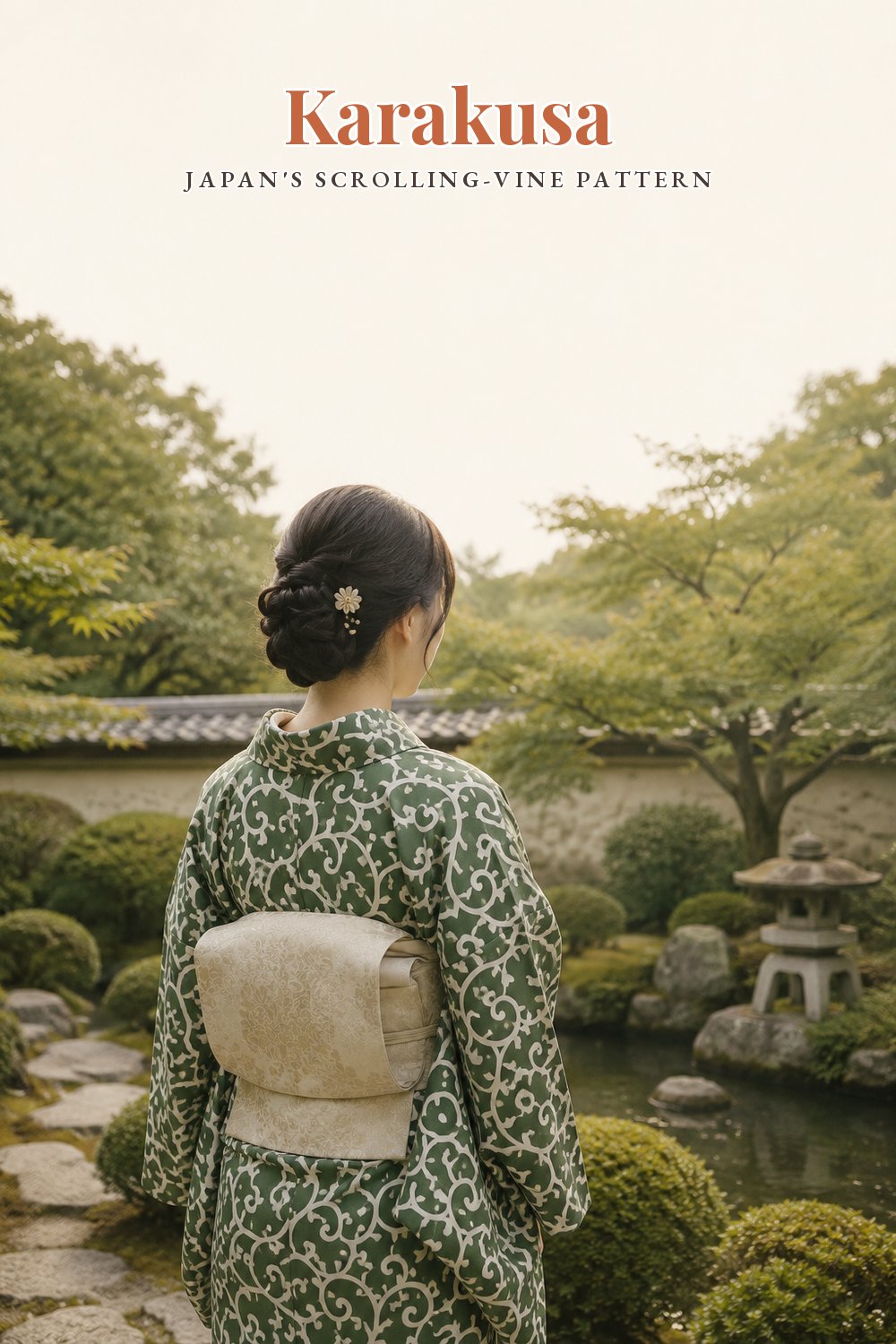 Woman seen from behind in a green karakusa kimono in a Japanese garden