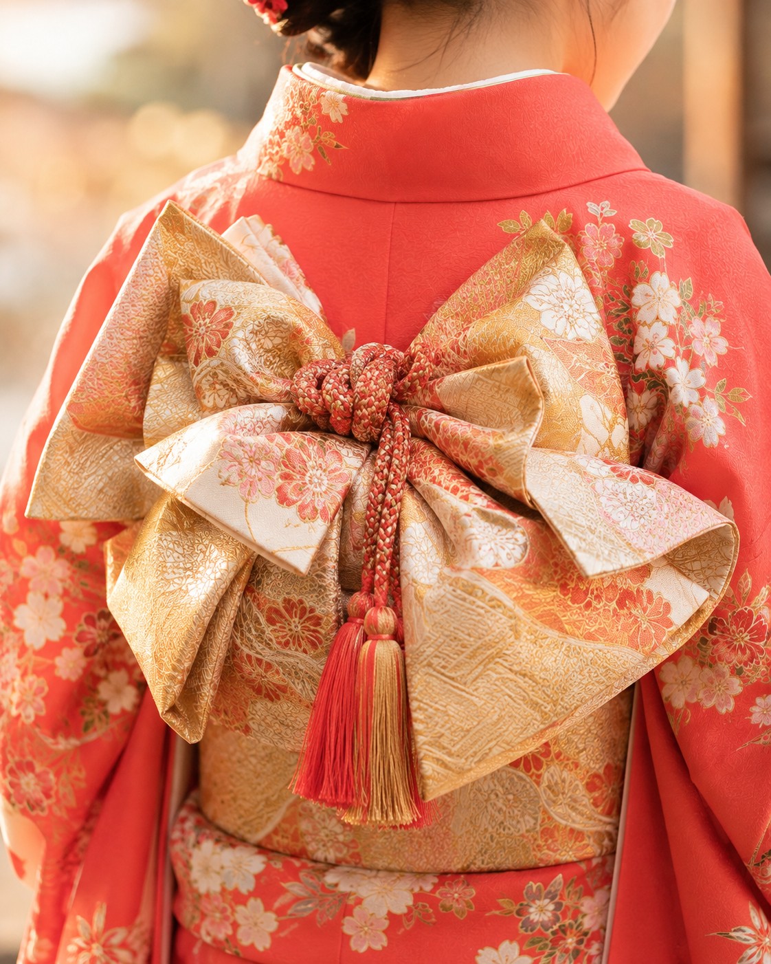 Elaborately tied obi bow on the back of a girl's kimono for Shichi-Go-San at age seven