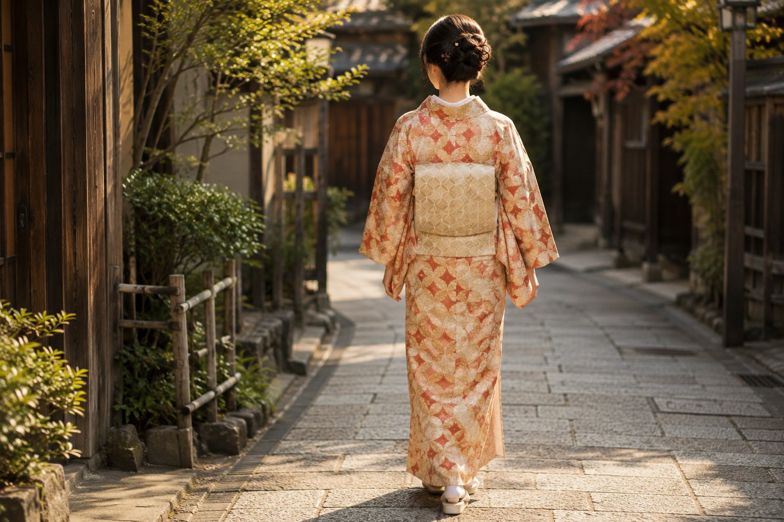 Woman wearing a kimono with shippou pattern walking down a traditional street