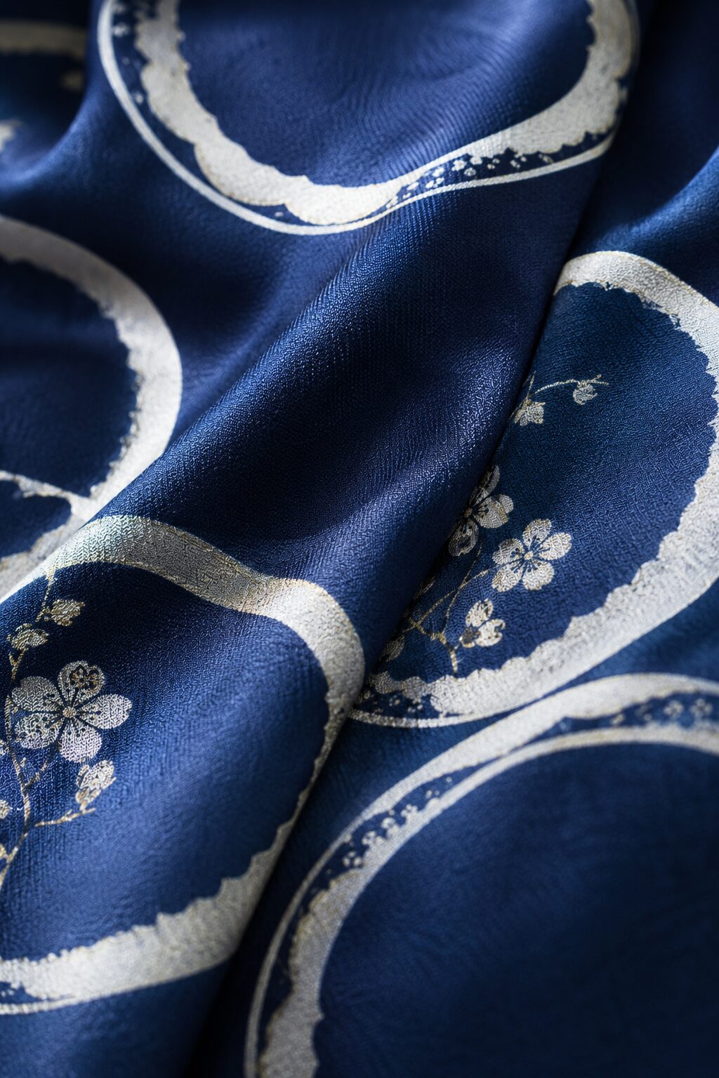 Close-up of navy silk fabric with yukiwa snow-ring pattern in silver and gold, plum blossom detail